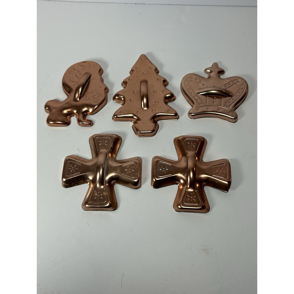 Vintage Copper Metal Cookie Cutter Set 5pc‎ Christmas Tree Crown Cross Lion